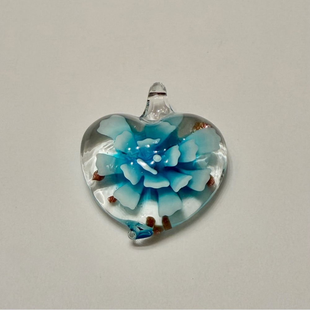Blue Ombré Flower in Hand-Blown Glass Heart Implosion Art Glass Necklace Pendant - Picture 3 of 6